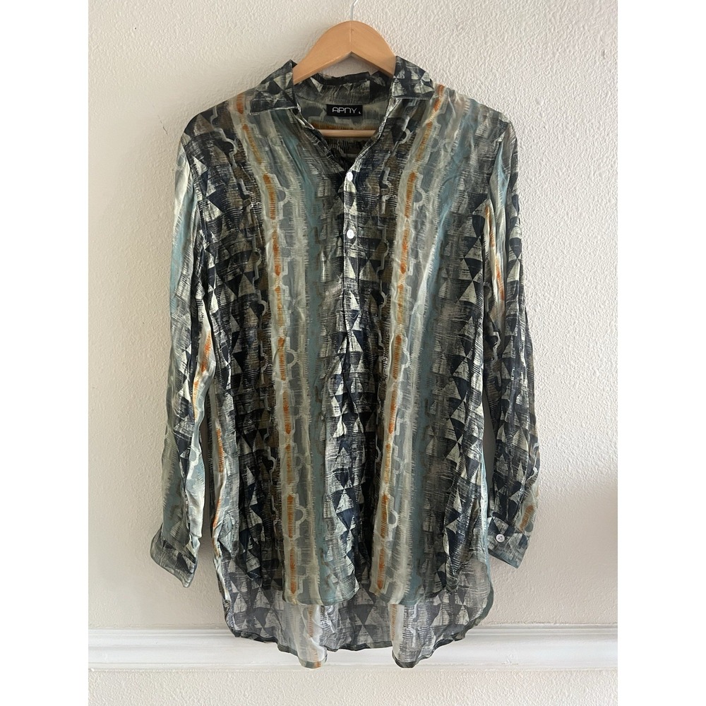 Boho Abstract Print Blouse Women's L(M) Lightweight Sheer Top Earthy Art Teacher